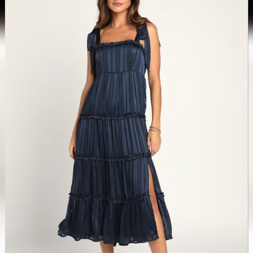 Lulus Day For Romance Navy Blue Tie Strap Tiered Midi Sleeveless Dress Sz S